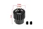 A black GPM Racing 20T 0.5 module pinion gear with dimension annotations and two grub screws on a white background.