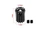 A black GPM Racing 13T 0.5 module pinion gear with dimension annotations and two grub screws on a white background.