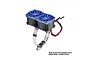 GPM Racing blue aluminium dual motor cooling fan mount with adjustable stainless steel clamp on a white background.
