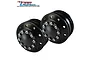 Two black GPM Racing 1/14 scale aluminium front 10-hole RC truck rims with silver hex bolts on a white background.