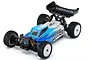 Kyosho Lazer ZX7.5 1/10 scale 4WD electric RC buggy with blue and white body shell, black rear wing, and off-road tires on a white background.