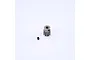 A metallic 10-tooth pinion gear and a small black grub screw isolated on a white background.