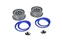 Two grey RC wheel rims, four blue beadlock rings, and two sets of small black mounting screws on a white background.