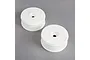 Two white dish-style RC buggy rims positioned on a grey background.