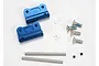 Traxxas blue anodized aluminium rear suspension arm mounts with included screws, pins, and e-clips on a white background.