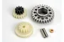 A set of Traxxas EZ-Start replacement gears including plastic and metal gears, pins, and a small bushing on a white background.