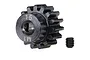 A black steel 15-tooth 1-module pinion gear with a small grub screw beside it on a white background.
