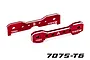 Two red anodized aluminium front tie bars for Traxxas RC vehicles, labeled A and B, featuring 7075-T6 markings.