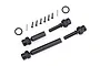 Traxxas centre CVD driveshaft kit including two shafts, two rubber O-rings, two metal pins, and six small black screws on a white background.
