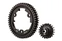 A black steel 50T spur gear and a 20T pinion gear for Traxxas RC vehicles, shown against a white background.