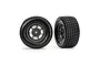 Two Traxxas 1/10 scale rear Hoosier dirt oval tyres mounted on grey wheels, shown from front and side angles against a white background.