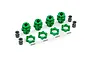 A set of four green anodized aluminum 17mm wheel hex adapters with matching splined nuts and pins for Traxxas RC vehicles.
