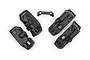 A set of four black plastic RC car fender components and a small mounting bracket arranged on a white background.