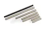 A set of seven metal suspension pins of varying lengths, including one black pin and six silver-colored steel pins, arranged on a white background.