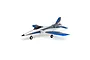 E-Flite Habu SS 700mm EDF jet RC plane in white, blue, and grey livery, viewed from a three-quarter angle on a white background.