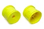 Two bright yellow Team Associated 2.2-inch dish-style RC wheels shown from front and rear angles against a white background.