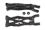 Two black plastic gull wing suspension arms for an RC car, shown with two small black spacers on a white background.