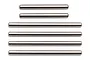 A set of six silver metal suspension arm pins of varying lengths arranged horizontally against a white background.