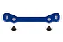 A blue anodized aluminium Ackermann steering plate for an RC car, shown with two small black bushings on a white background.