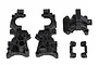 A set of black plastic RC gearbox case components from Team Associated, including main housing halves, a cover, and small mounting brackets.