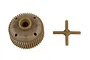 A tan plastic differential gear case and a cross-shaped differential pin set for an RC car.