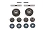 Team Associated HTC differential gear set including bevel gears, cross pins, and washers on a white background.