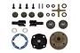 A collection of Team Associated RC differential gear and case parts including metal gears, plastic housing, screws, and washers laid out on a white background.