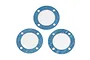 Three blue circular differential gaskets with four mounting holes arranged in a triangle on a white background.