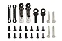 A set of RC hardware parts including two small coil springs, two plastic links, two plastic posts, four metal pins, and fourteen small black screws.