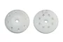 Two white Factory Team 16mm tapered shock pistons with 8 holes, showing both sides of the component.