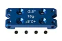 A blue anodized aluminium RC bulkhead with 10g weight and angle markings, accompanied by four small black grub screws.