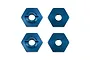 Four blue anodized aluminium 12mm RC wheel hex adapters arranged in a 2x2 grid on a white background.