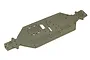 A top-down view of a Factory Team aluminium RC car chassis plate in a matte olive-green finish, featuring various mounting holes and cutouts.