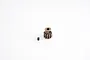 A 12-tooth metal pinion gear and a small black grub screw isolated on a white background.