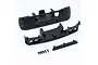 FMS RC body mount set including two molded plastic bumper components, a small trim piece, and six black screws on a white background.