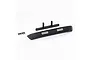 A black RC front bumper set including a bumper, mounting bracket, and six small screws on a white background.