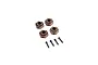 Four bronze-colored 17mm RC wheel hex adapters and four small black set screws arranged on a white background.