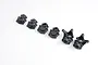 A set of six black plastic portal axle housing components for an RC vehicle, arranged in a line on a white background.