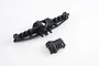 A black plastic RC rear axle housing and its matching differential cover plate isolated on a white background.
