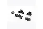 A set of four black plastic FMS V2 gearbox case components arranged on a white background.