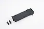 FMS battery box and two small mounting brackets made of black plastic on a white background.
