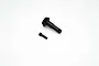 A black metal differential pinion gear and a small threaded grub screw on a white background.