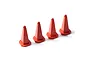 Four small red plastic traffic cones arranged in a row against a white background.