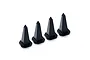 A set of four small black plastic traffic cones for RC scale models, arranged in a row on a white background.