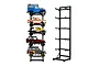 A black metal RC car display rack shown both empty and loaded with five different scale model RC off-road vehicles against a white background.