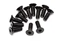 A collection of twelve black metal countersunk hex head screws arranged on a white background.