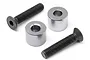 Two silver cylindrical aluminium engine posts and two black countersunk hex head screws on a white background.