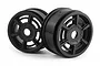 Two black 6-spoke RC car rims for Maverick Quantrum R, shown from an angle against a white background.