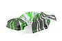 A painted RC truck body shell for the Maverick Quantum2 XT, featuring a green, white, and dark grey abstract graphic design.