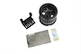 A black 6-spoke RC transmitter steering wheel accessory kit including a wheel, mounting bracket, and adhesive decals on a white background.